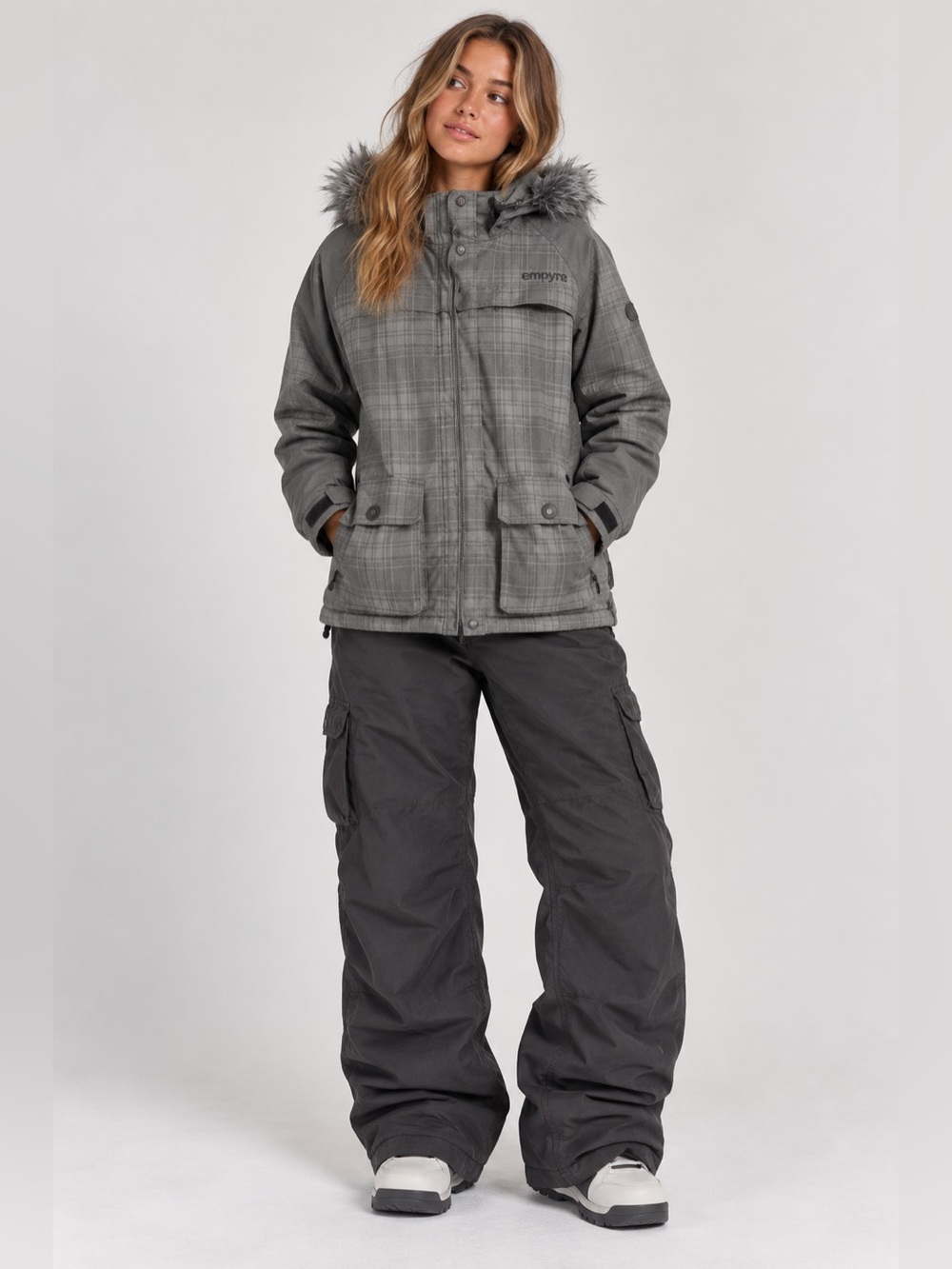 Empyre Gray Plaid Snowboard Ski Jacket Faux Fur Hood | Size L